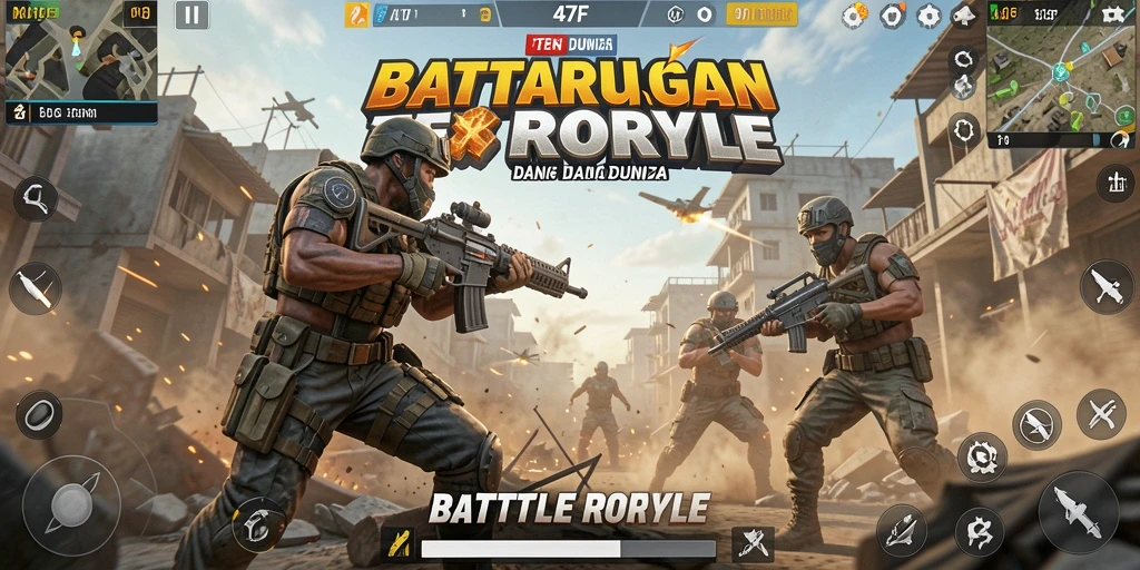 Gambaran aksi intens dalam game Battle Royale 47F.