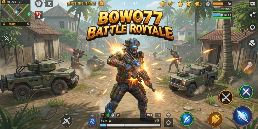Gameplay seru dalam BOWO77, menampilkan aksi Battle Royale yang mendebarkan.