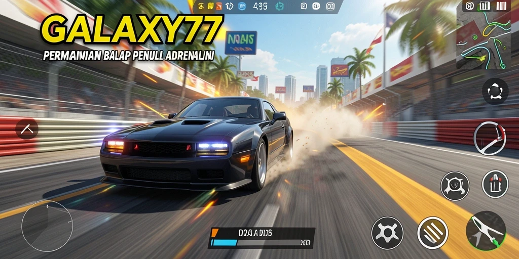 Screenshot GALAXY77 menampilkan momen balapan yang mendebarkan dengan kendaraan cepat.