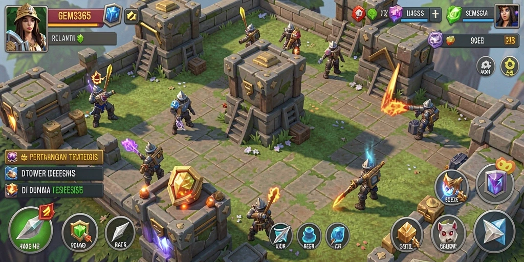 Tangkapan layar GEMS365 menampilkan aksi mendebarkan dalam Tower Defense.