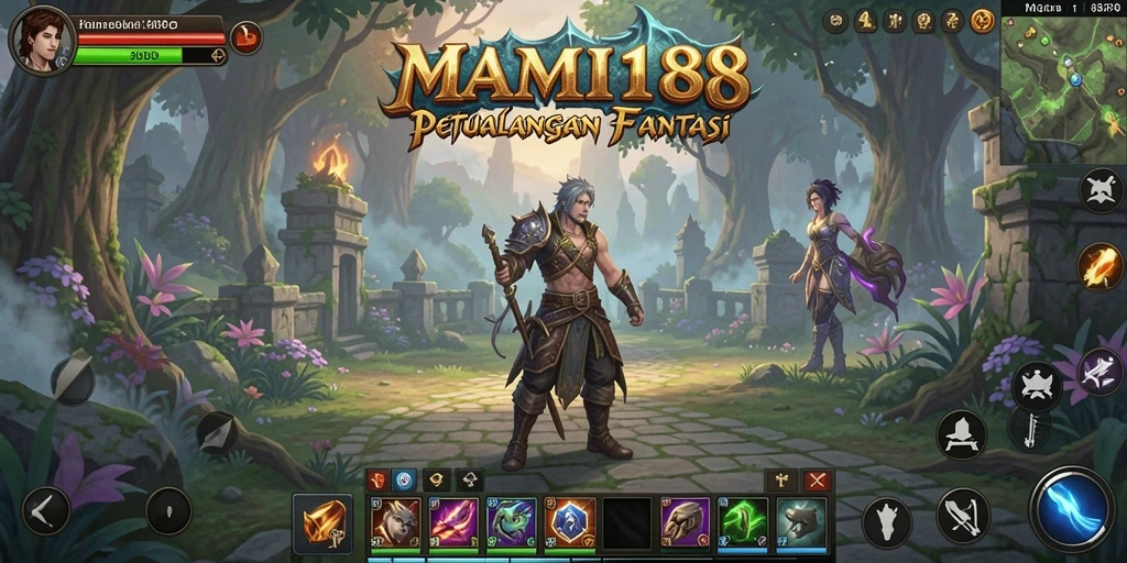 Screenshot utama MAMI188 menampilkan pertempuran seru di dunia fantasi.