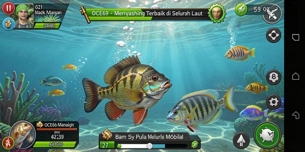 Screenshot gameplay OCE69 menunjukkan keindahan memancing di laut.