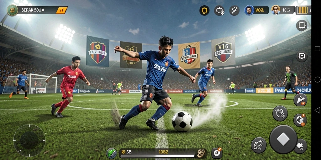 Screenshot utama V07 menampilkan gameplay sepak bola yang seru.